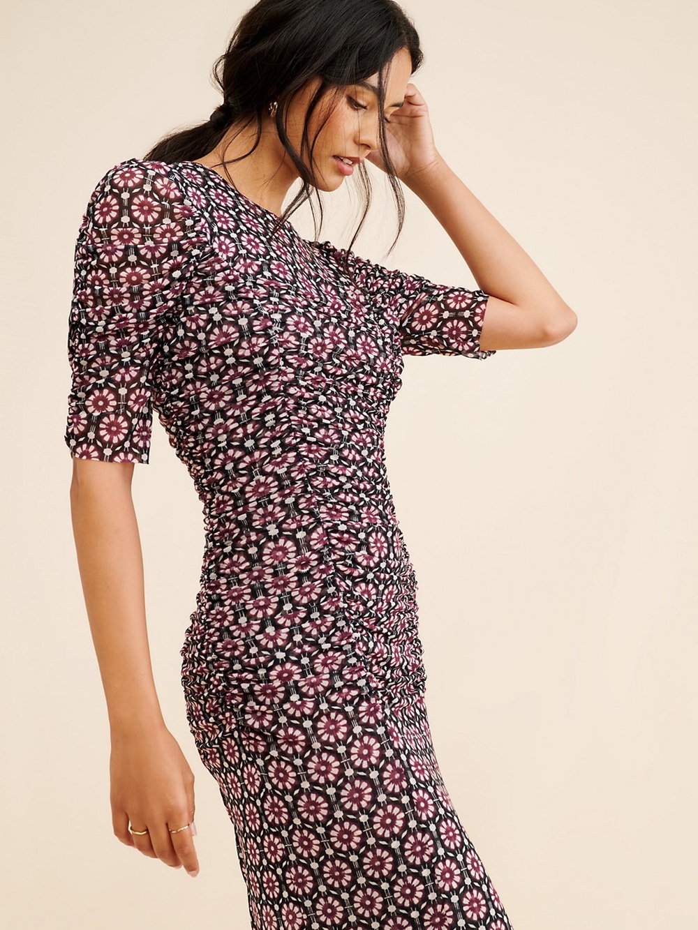 Free People Briella Ruched Midi Dress – Size XS/Small